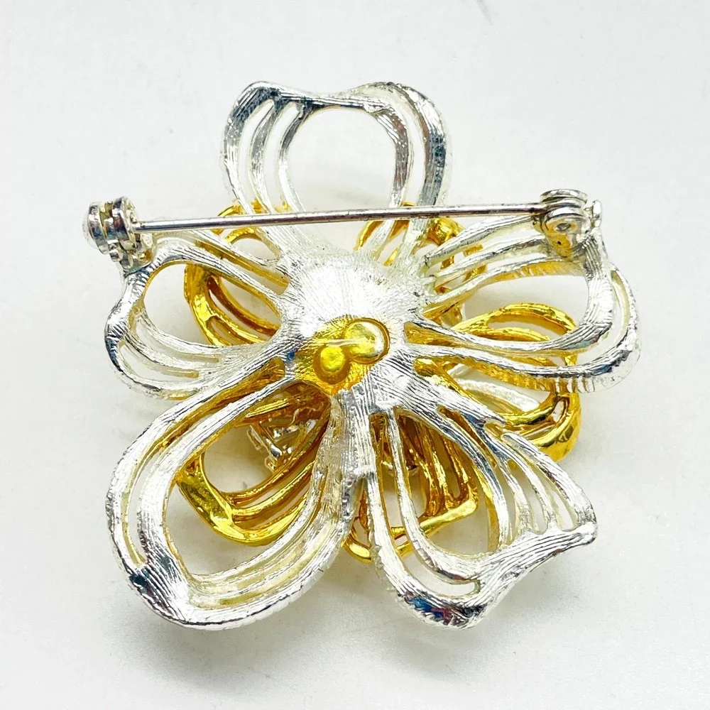 Vintage Brooch Pin Gold Silver Tone Ribbon Flower Layered Floral Statement 3D